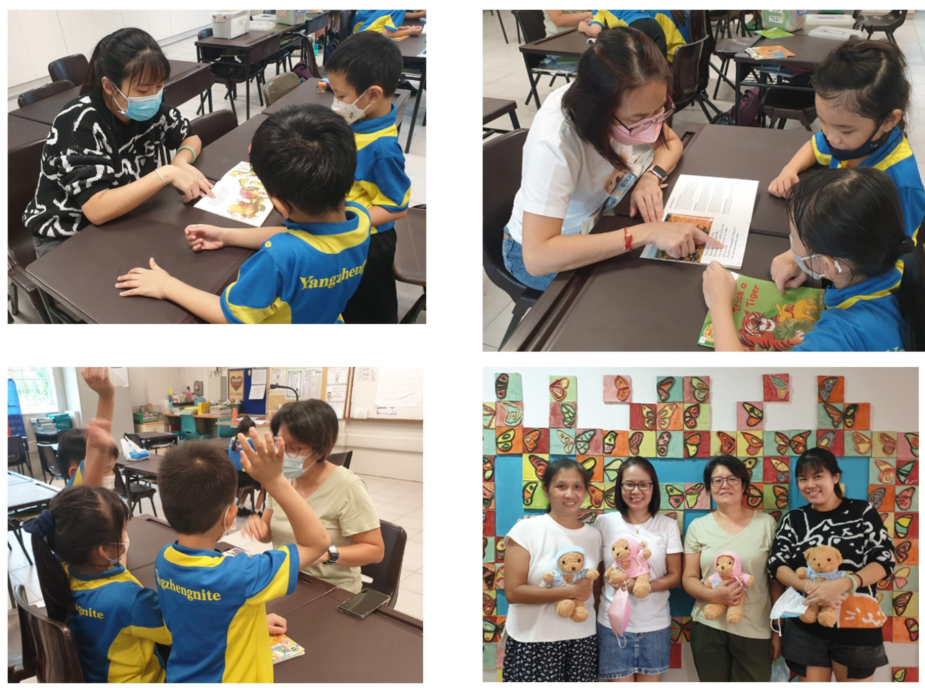A collage of four images depicting small-group reading sessions and student interactions at a school